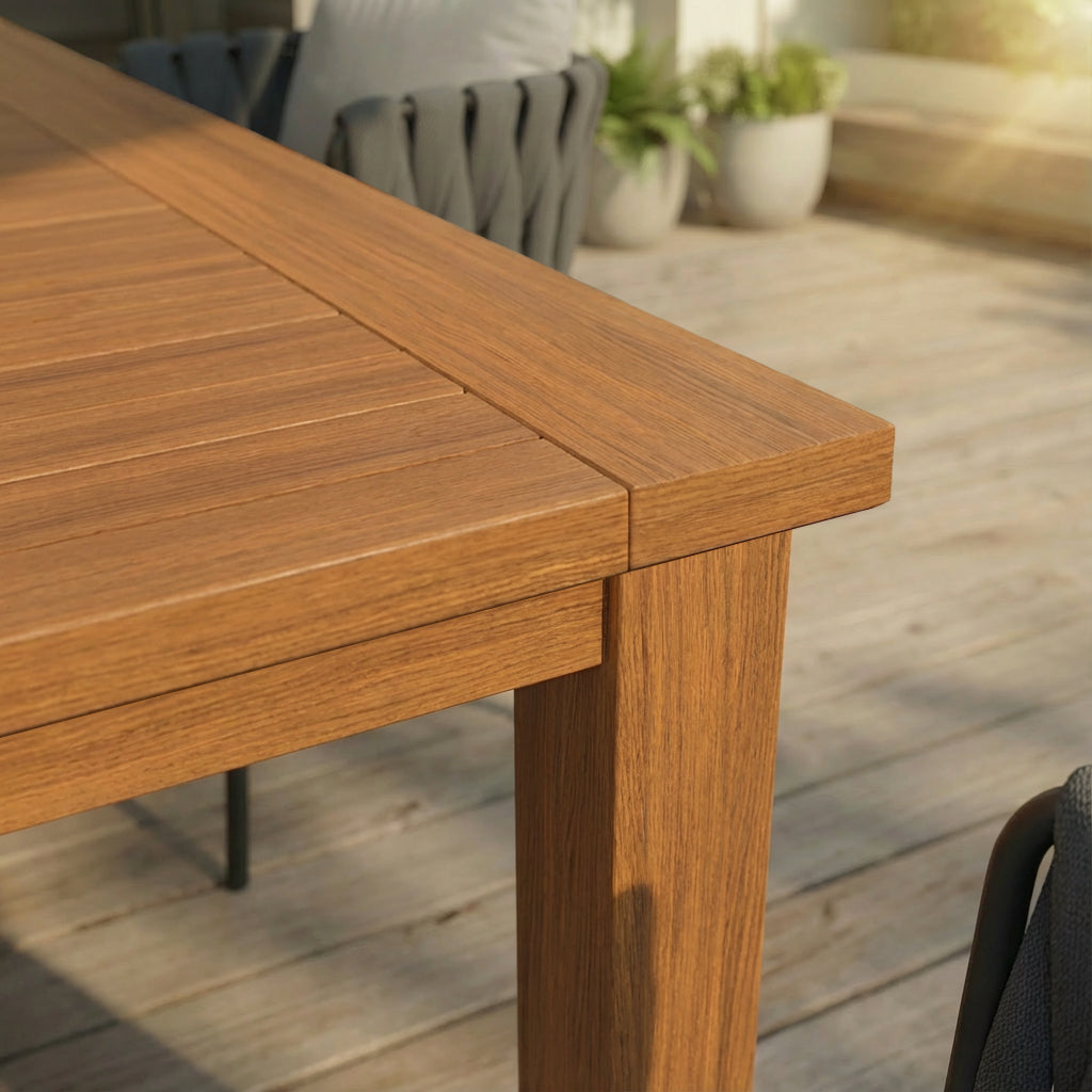 Wooden outdoor table on a deck with chairs and plants in the background