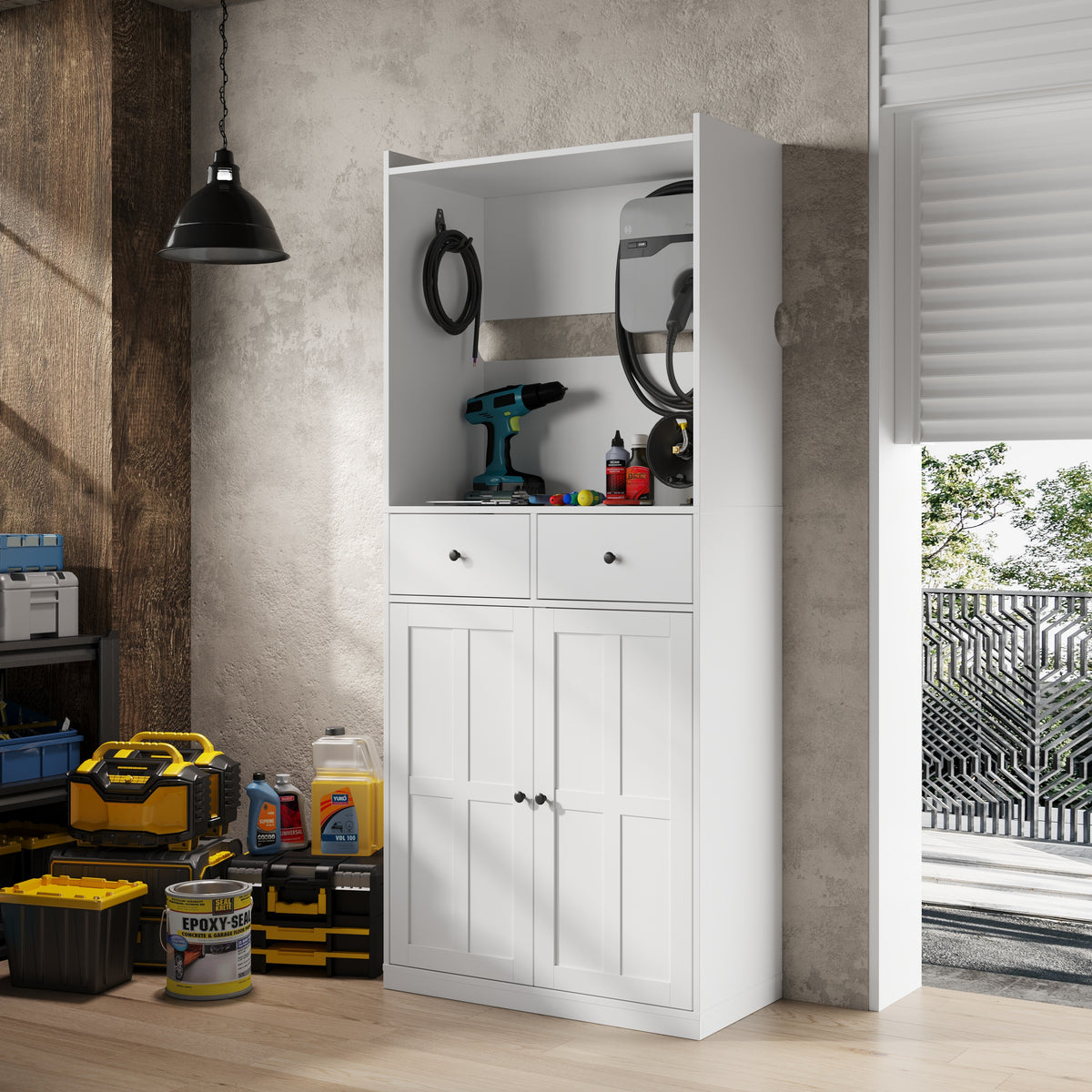 31.5'' Modern White EV Charger Cabinet with Cable Hooks, 2 Drawers and Storage Cabinet