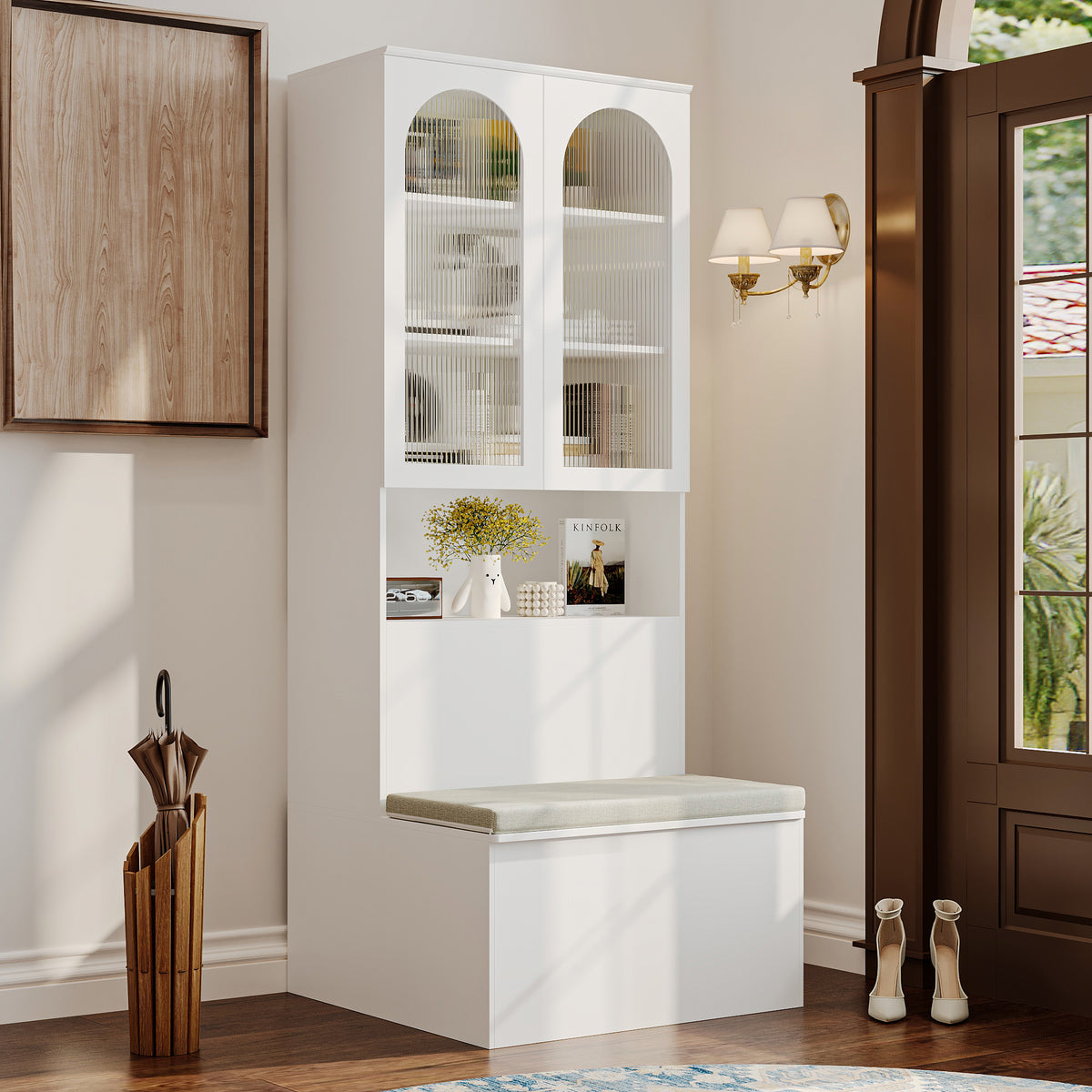 31.5 inches Modern White Entryway Storage Bench with Cabinet and Upholstered Seat