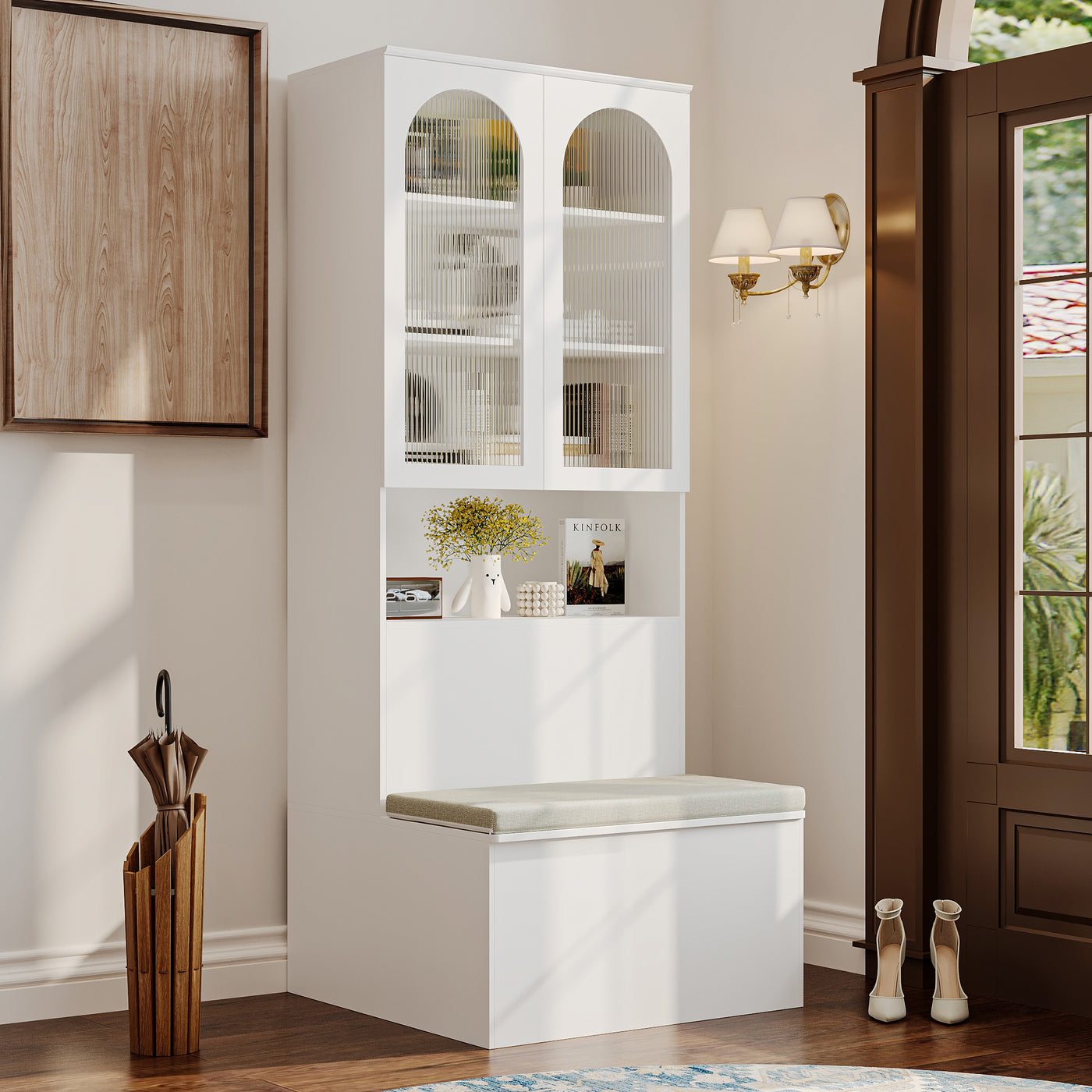 31.5" Modern White Entryway Storage Bench with Cabinet and Upholstered Seat