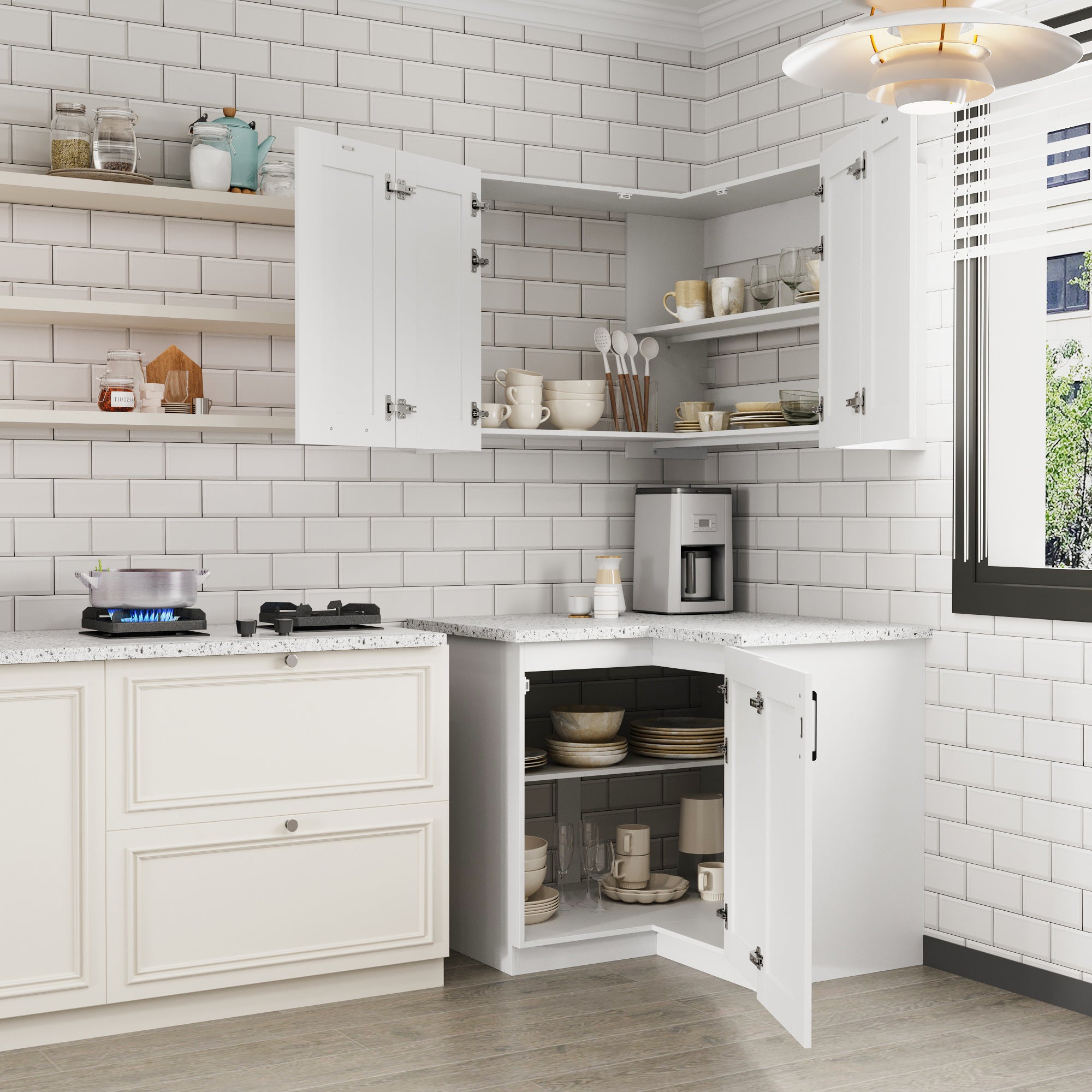 40" Corner Kitchen Pantry Cabinet Set - Upper & Lower Cabinets, No Pre-Installed Countertop (Countertop DIY)