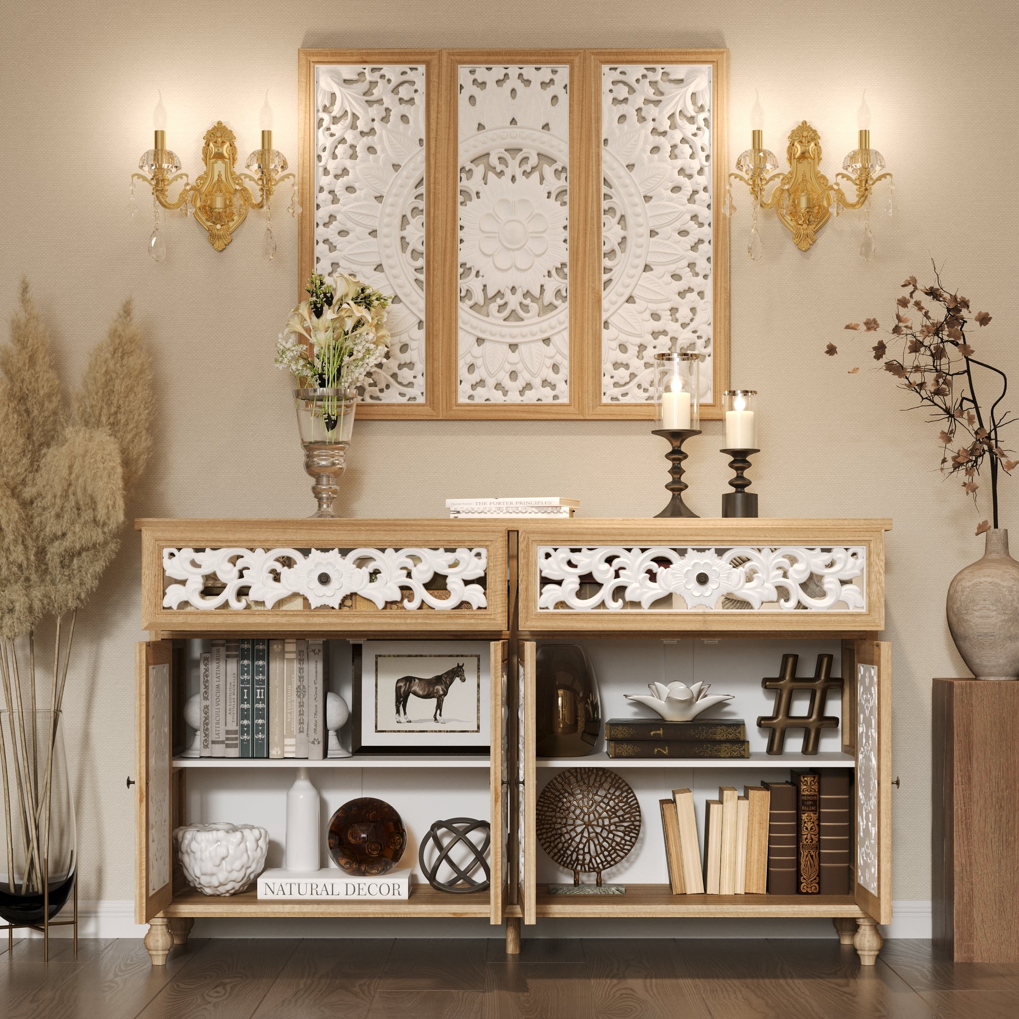 Vintage Vibe Accent Cabinet With 3 Carved Decorative Panels