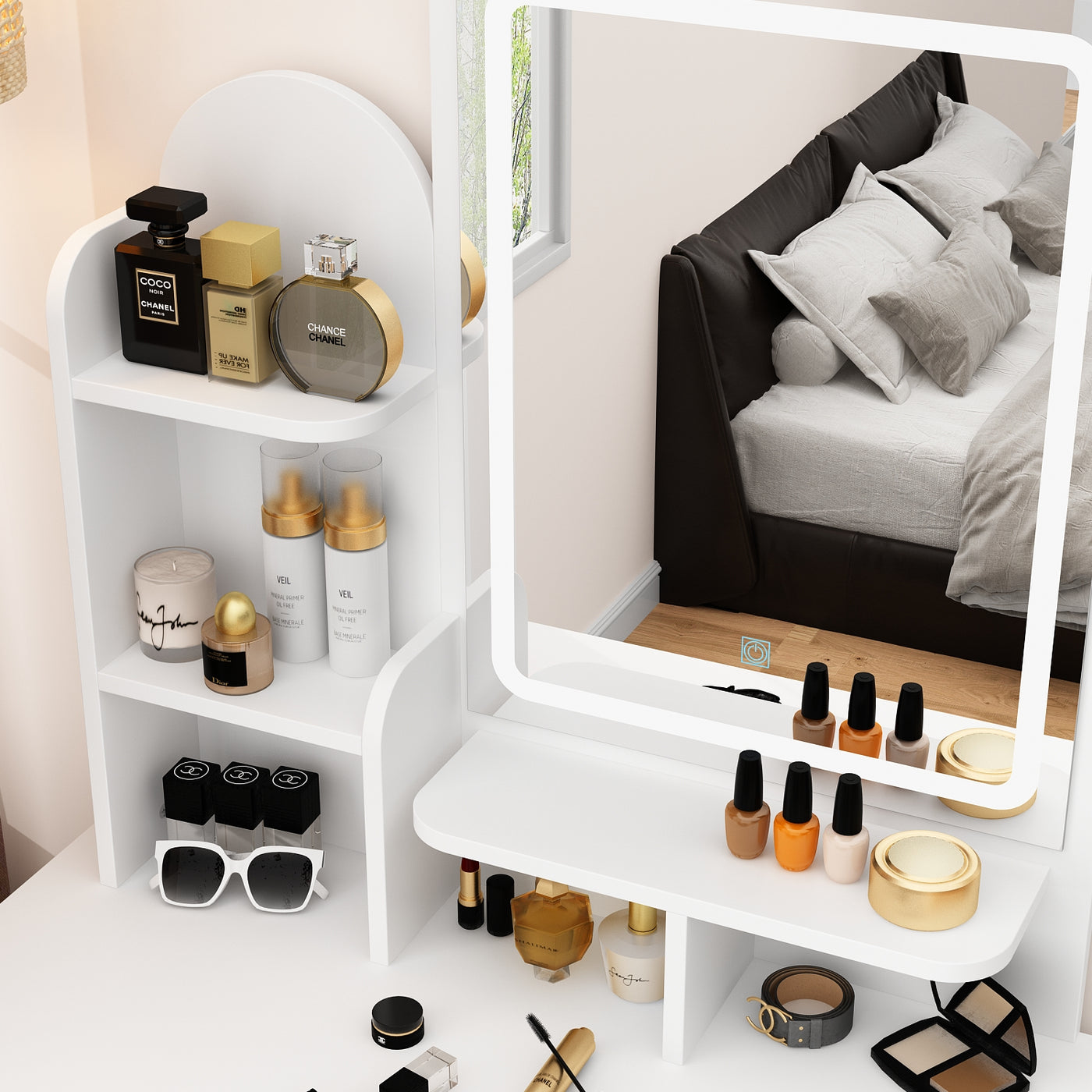 31.5" Modern White Glam Makeup Vanity Set with Socket, LED Light and Stool