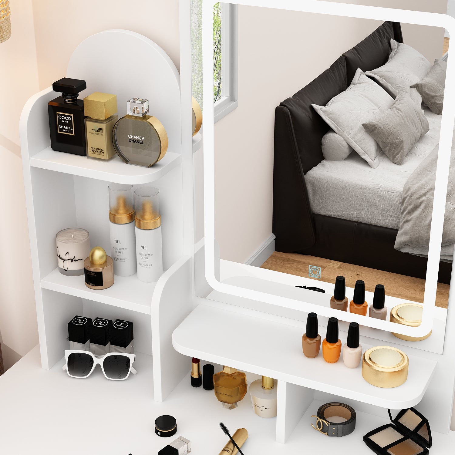 55.1'' H Glam Makeup Vanity Set With Socket , LED Light, Stool