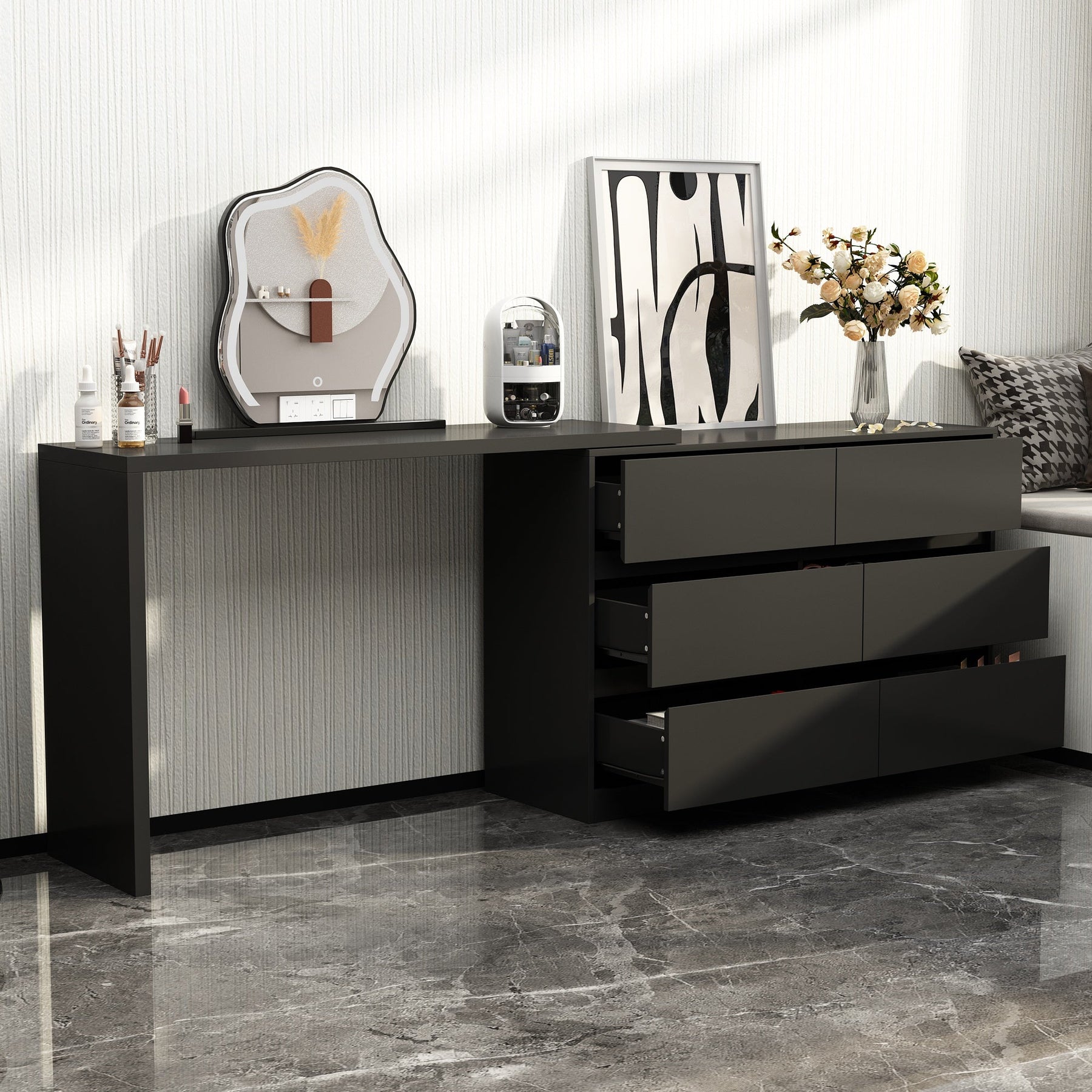 51.2 inches Modern Minimalist White/Black L-Shaped Rotatable Dresser W
