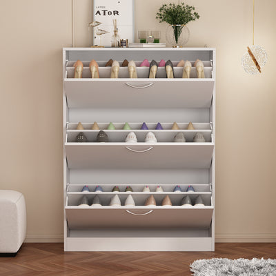 23.6" Modern White Flip-Down Shoe Cabinet with 3 Tiers & 24 Pair Capacity