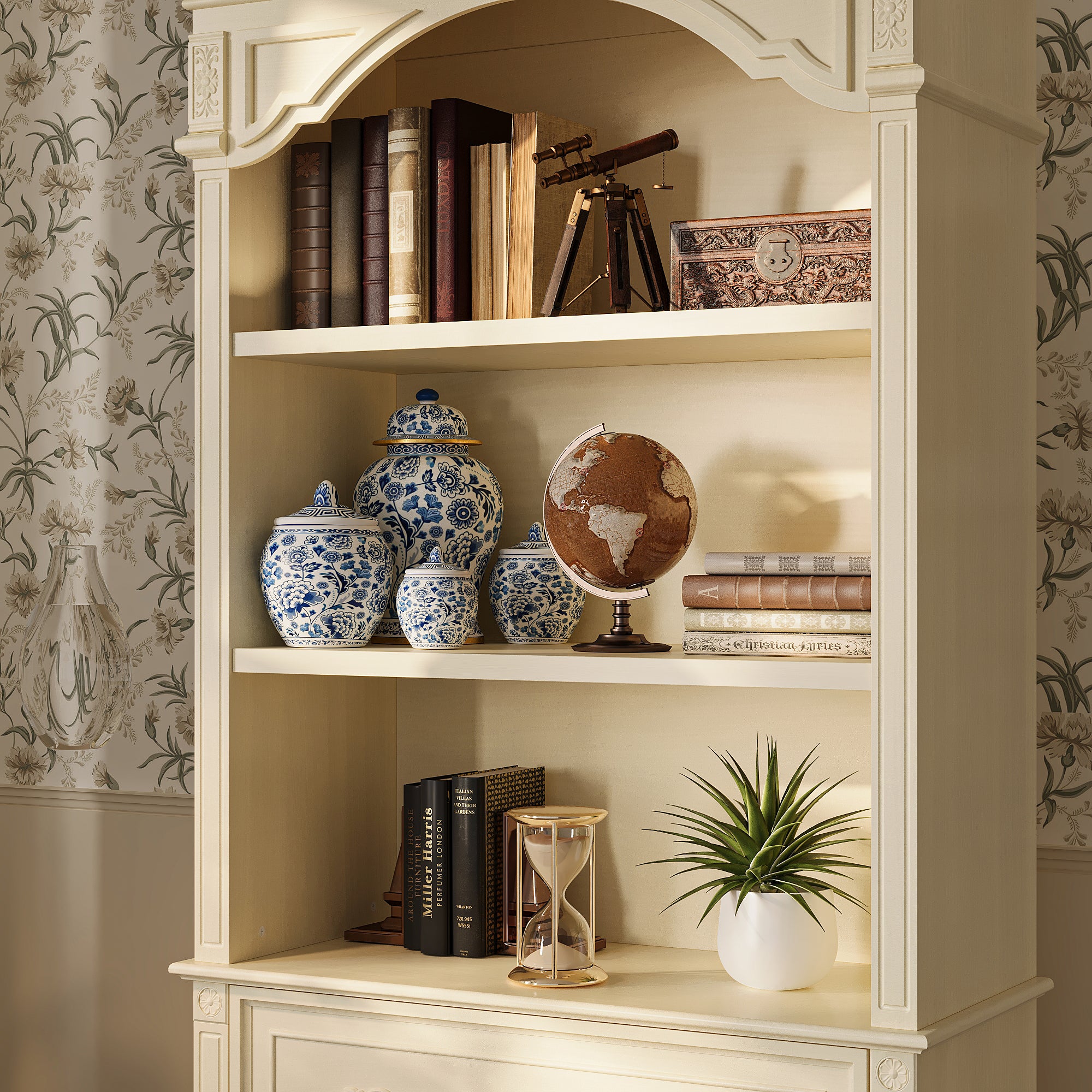 Elegant Display Cabinet With 3 Open Shelves & 2 Carved Drawers