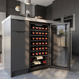 Black wine fridge with glass door and digital temperature display