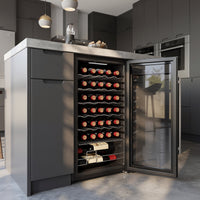 Black wine fridge with glass door and digital temperature display
