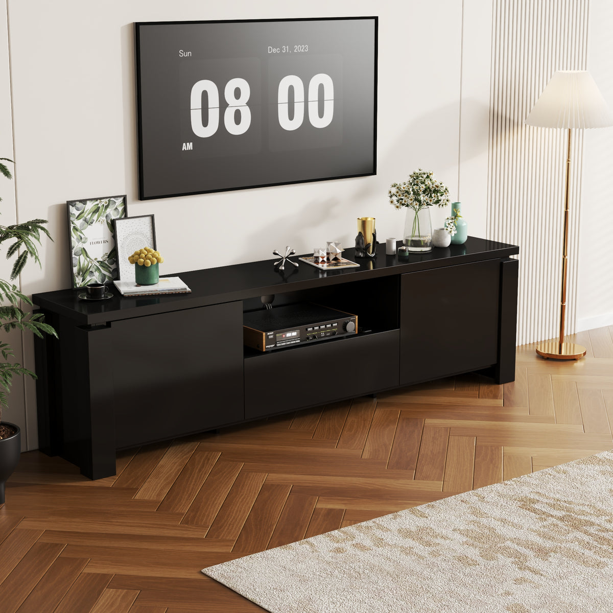 70" Modern Black TV Stand with LED Lights & Storage