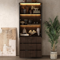 Geyma 31.5" Modern Brown Display Cabinet with Glass Doors, LED Lights and 3 Drawers