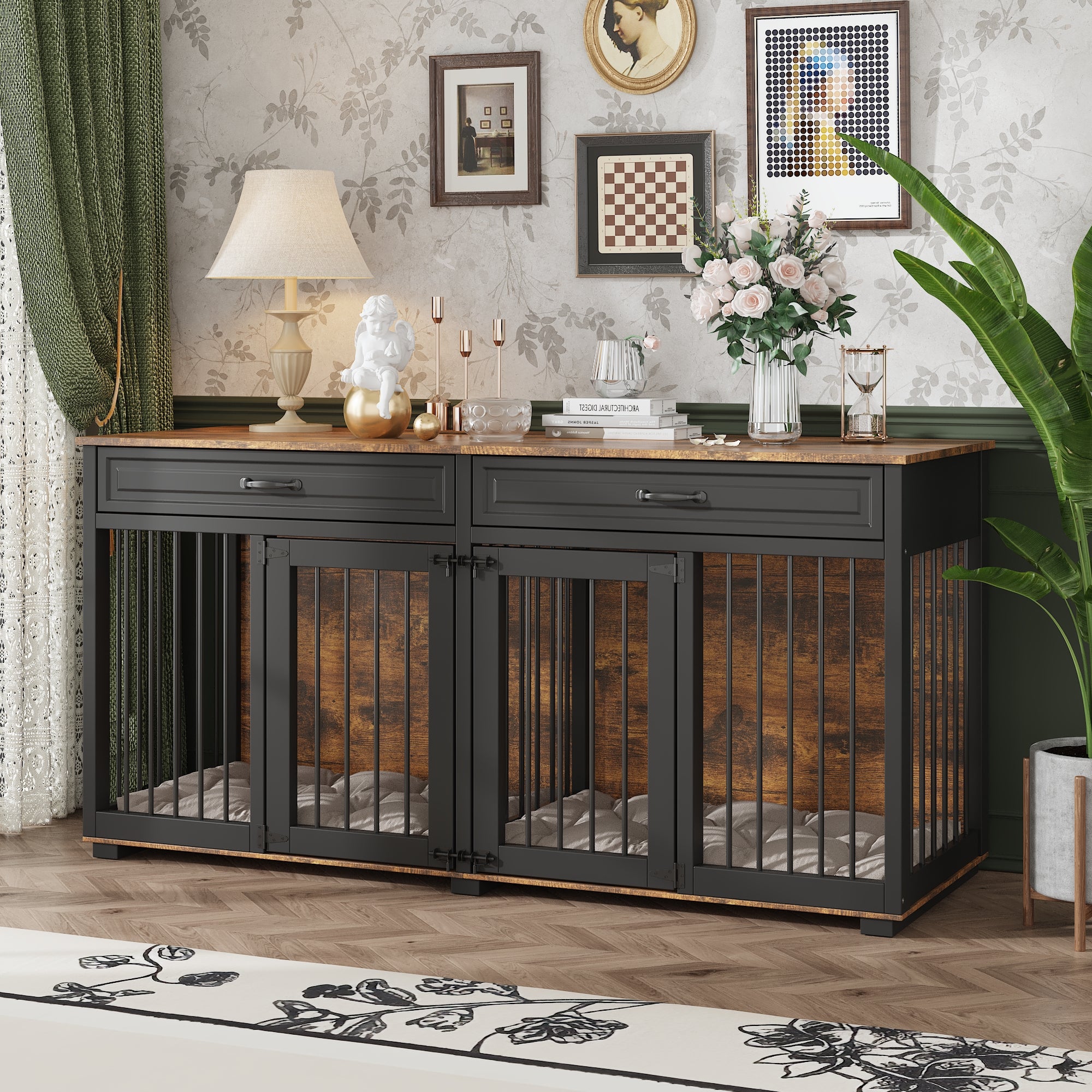 Large Wooden Dog Crate with Divider and Side Table