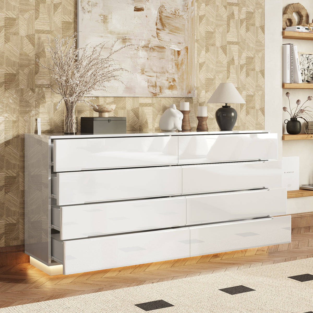 63" Modern White/Black 8 Drawer Double Dresser with High Gloss Drawers, Dual Chest Light