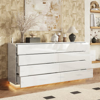 63" Modern White/Black 8 Drawer Double Dresser with High Gloss Drawers, Dual Chest Light
