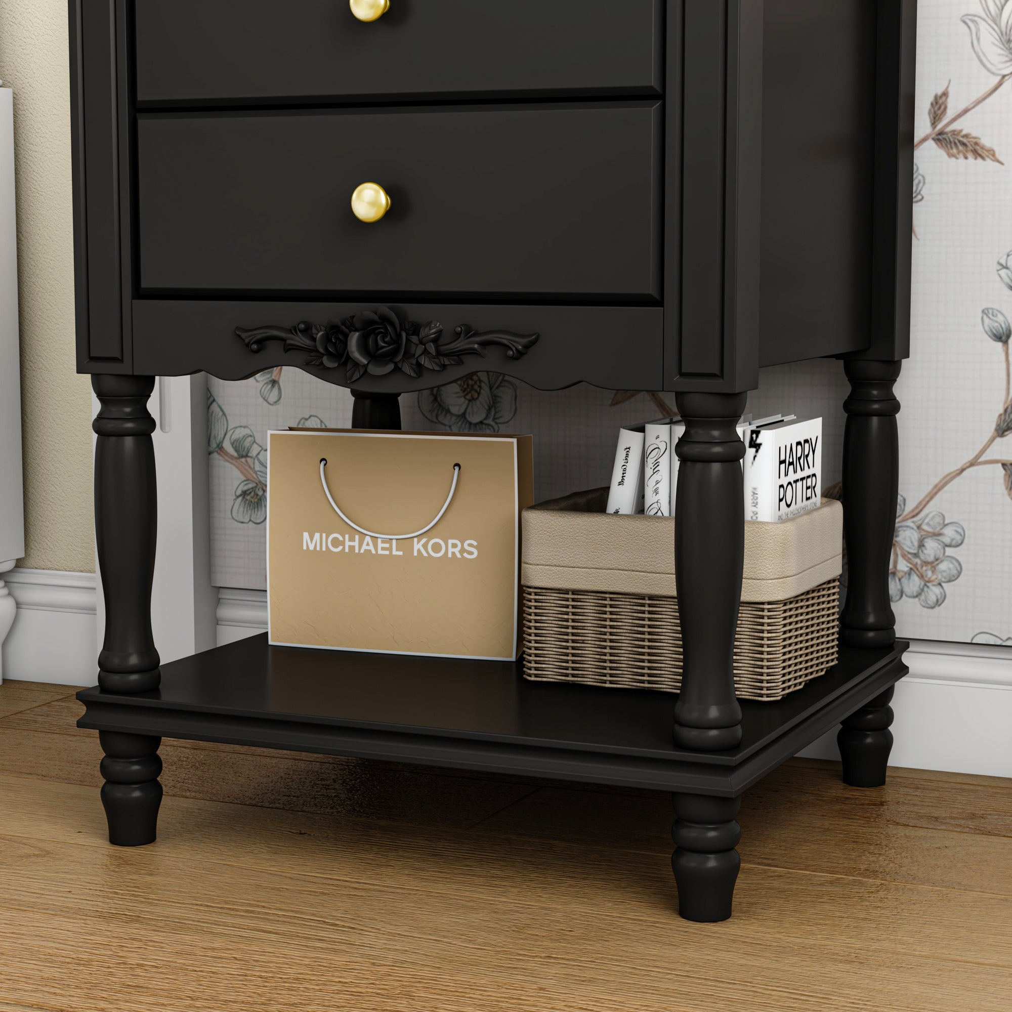 End Table Side Table Bedroom Night Stand Bedside Embossed Table with 2 Drawers & Open Shelf