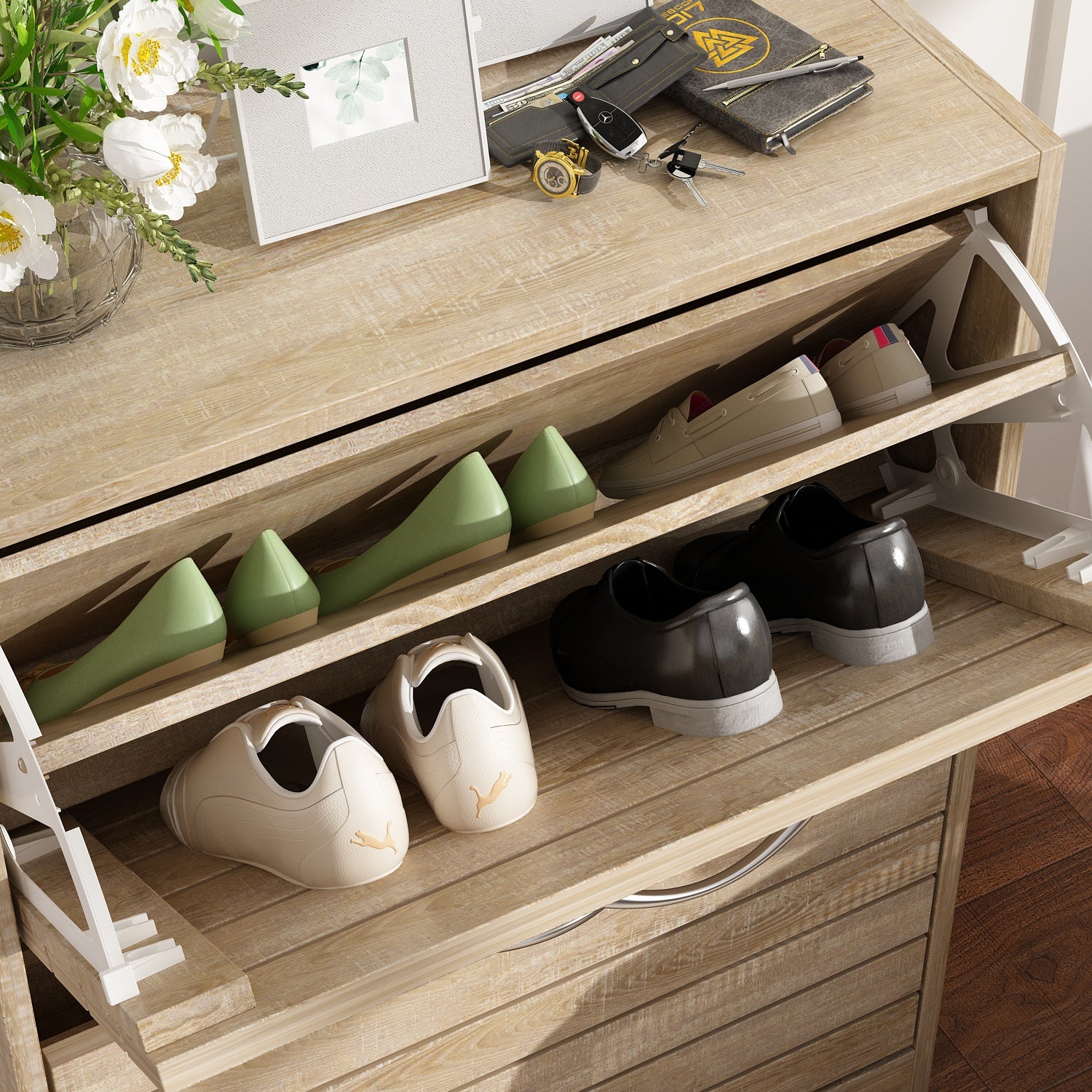 Shoe Cabinet with 2 Flip Drawers 2-Tire Shoe Storage Cabinet for Entryway