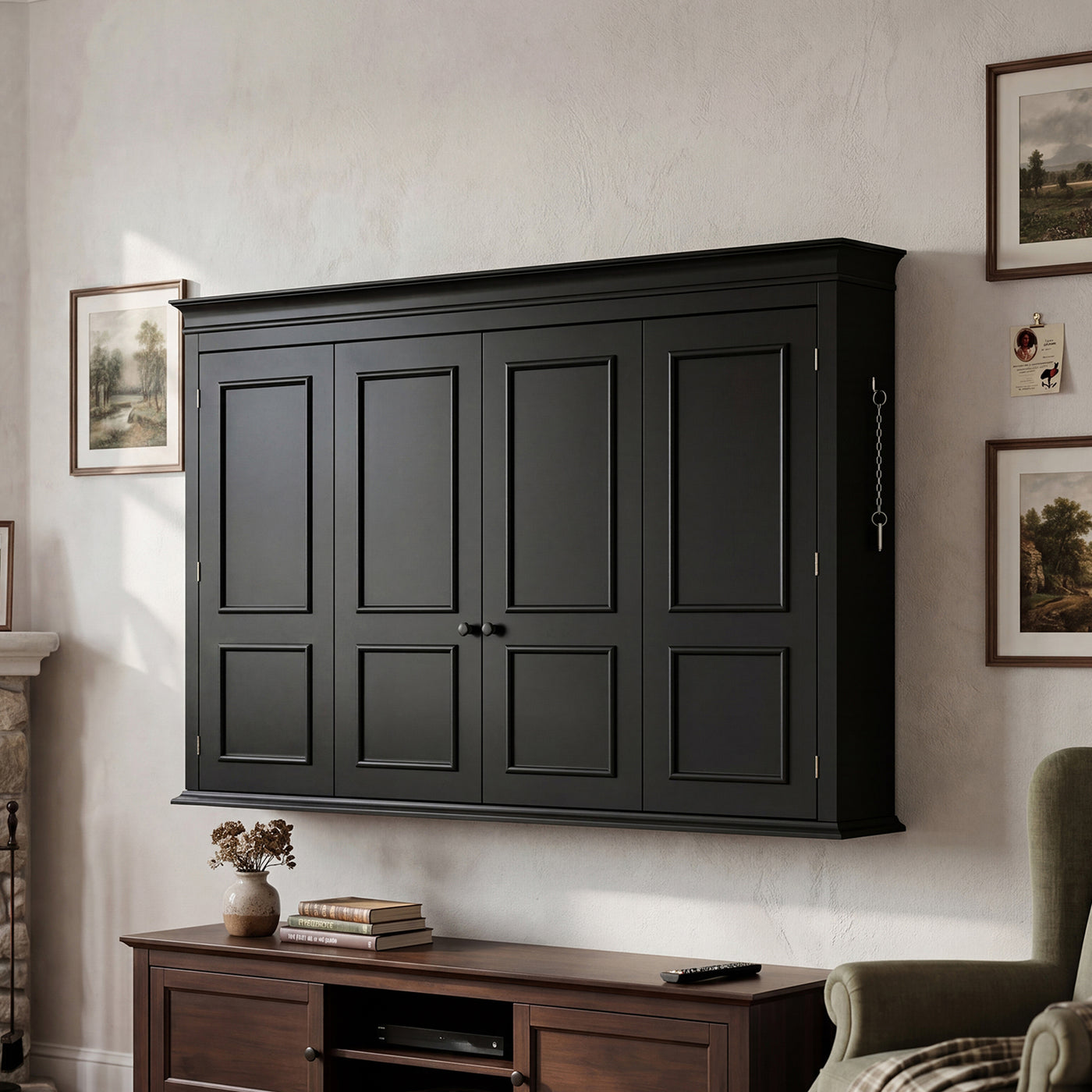 65.7" Black Wall‑Mount Hidden TV Media Cabinet with 4 Panel Doors, Fits Up To 60" TVs
