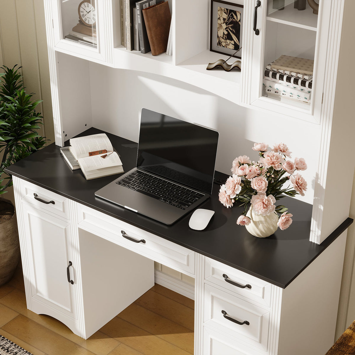 58" Farmhouse White Computer Desk With 6 Drawers, Hutch And Socket