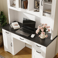58" Farmhouse White Computer Desk With 6 Drawers, Hutch And Socket
