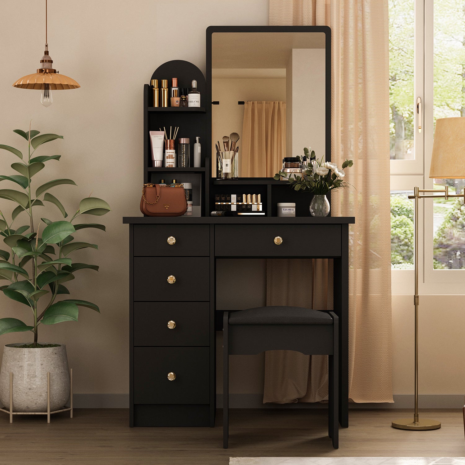 Modern Vanity Desk With Mirror, 5 Drawers, Shelves And Matching Stool, Makeup Dressing Table
