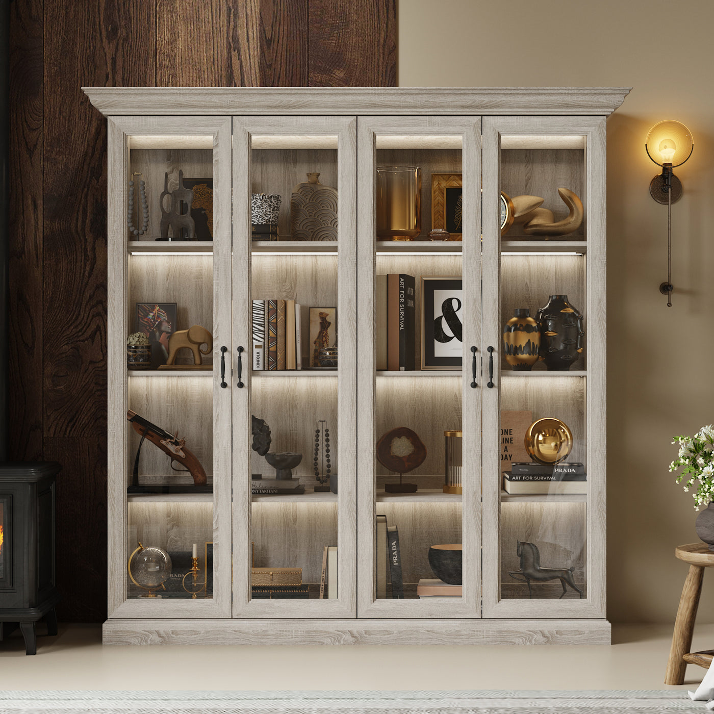 68.5" Modern Display Bookcase with 4 Glass Doors and Lights