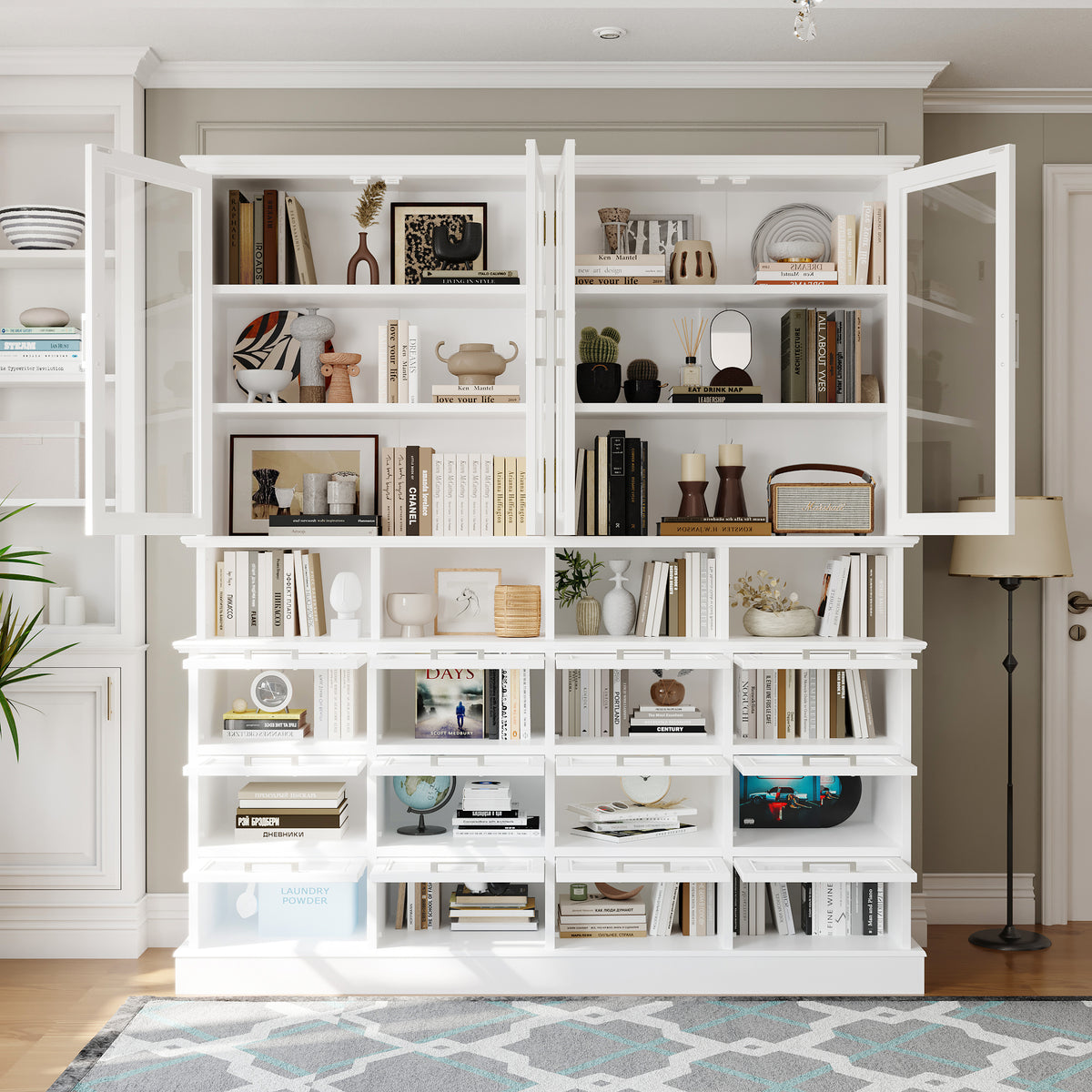 63" Modern White Display Bookcase Cabinet with Glass Doors