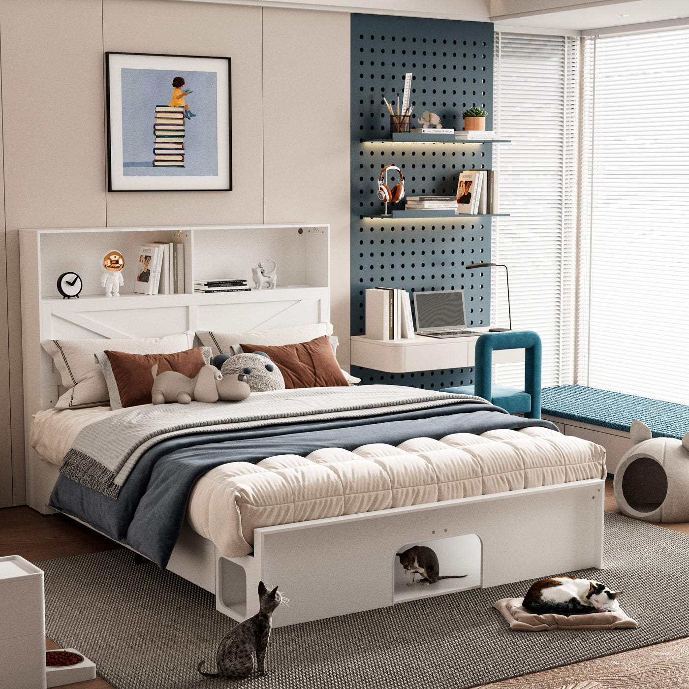 80.7" Modern Beige Storage Bed with USB Port and Light Strip
