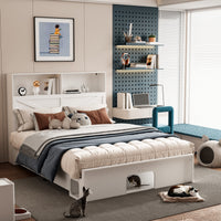 80.7" Modern Beige Storage Bed with USB Port and Light Strip