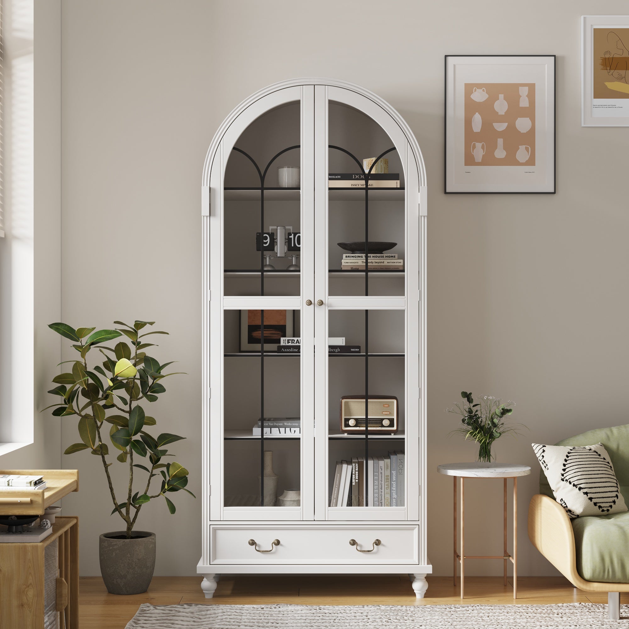 77'' H 2-Drawer Arched 5-Tier Bookcase Display Cabinet With Glass Doors