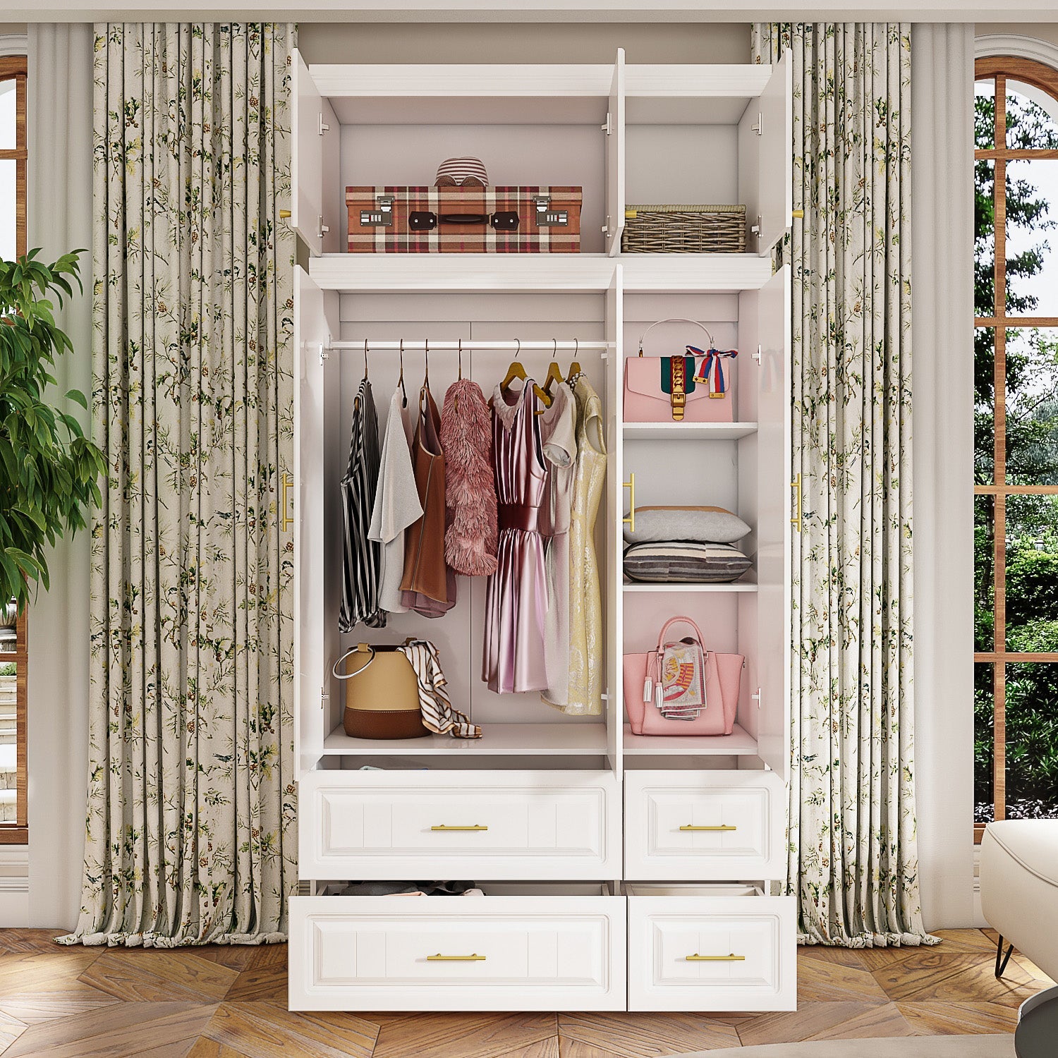 Wardrobe Heavy Duty Clothes Closet Storage Cabinet Armoire with Metal Handles for Small Living