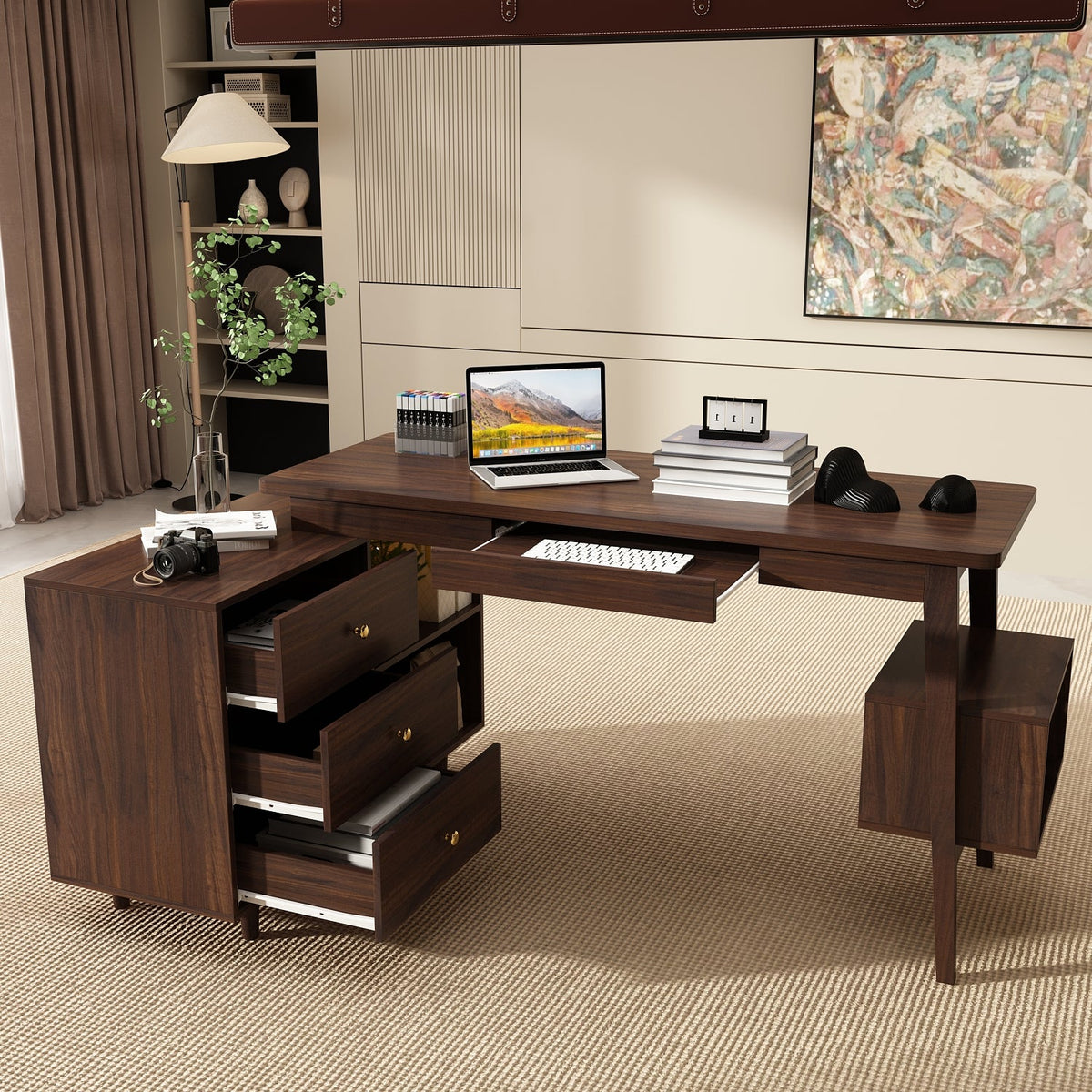 55.1" Mid-Century Modern Brown L-Shaped Home Office Computer Desk with 3 Drawers and Wood Legs