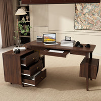 55.1" Mid-Century Modern Brown L-Shaped Home Office Computer Desk with 3 Drawers and Wood Legs