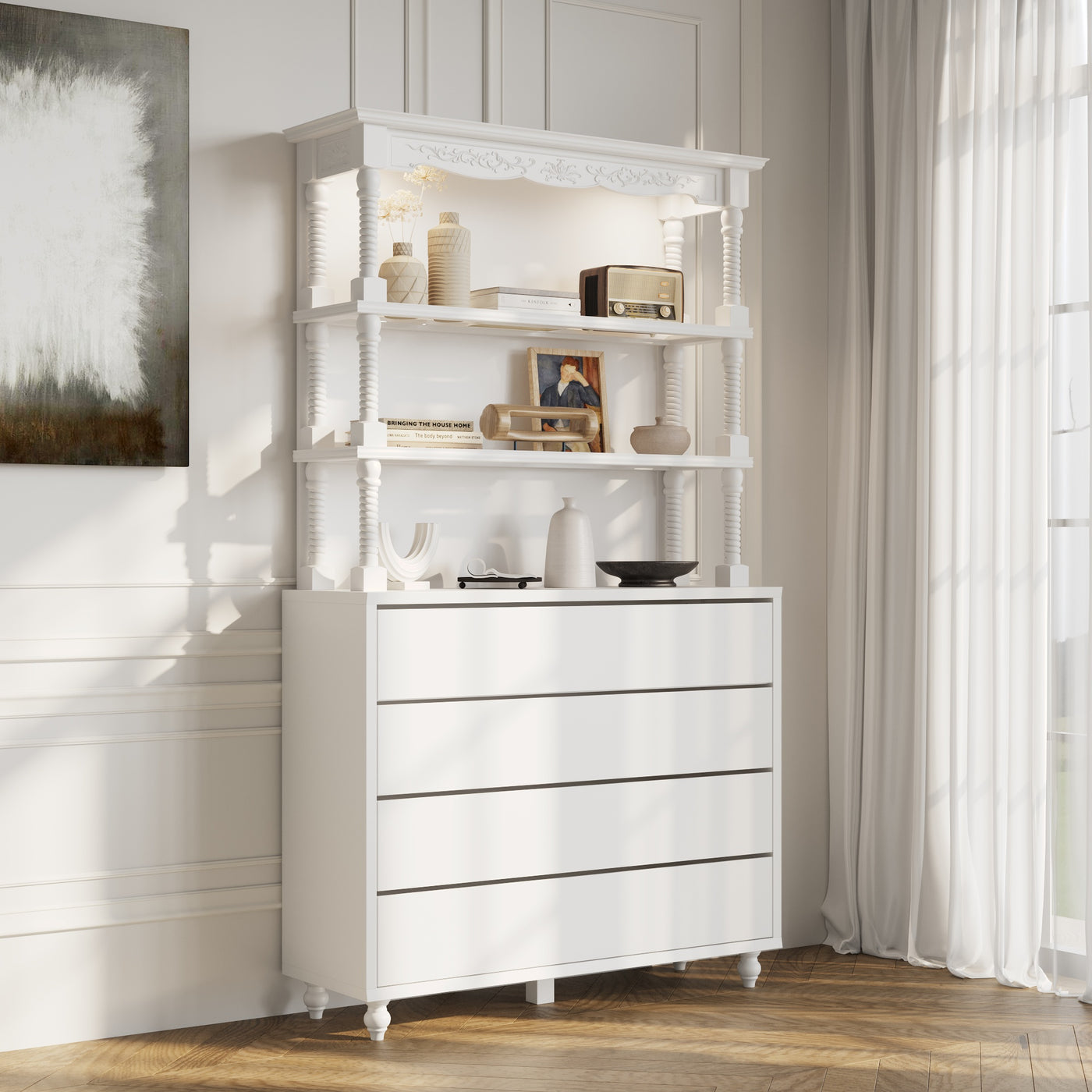 47.2" Contemporary White Display Cabinet with LED Lighting & Glass Doors