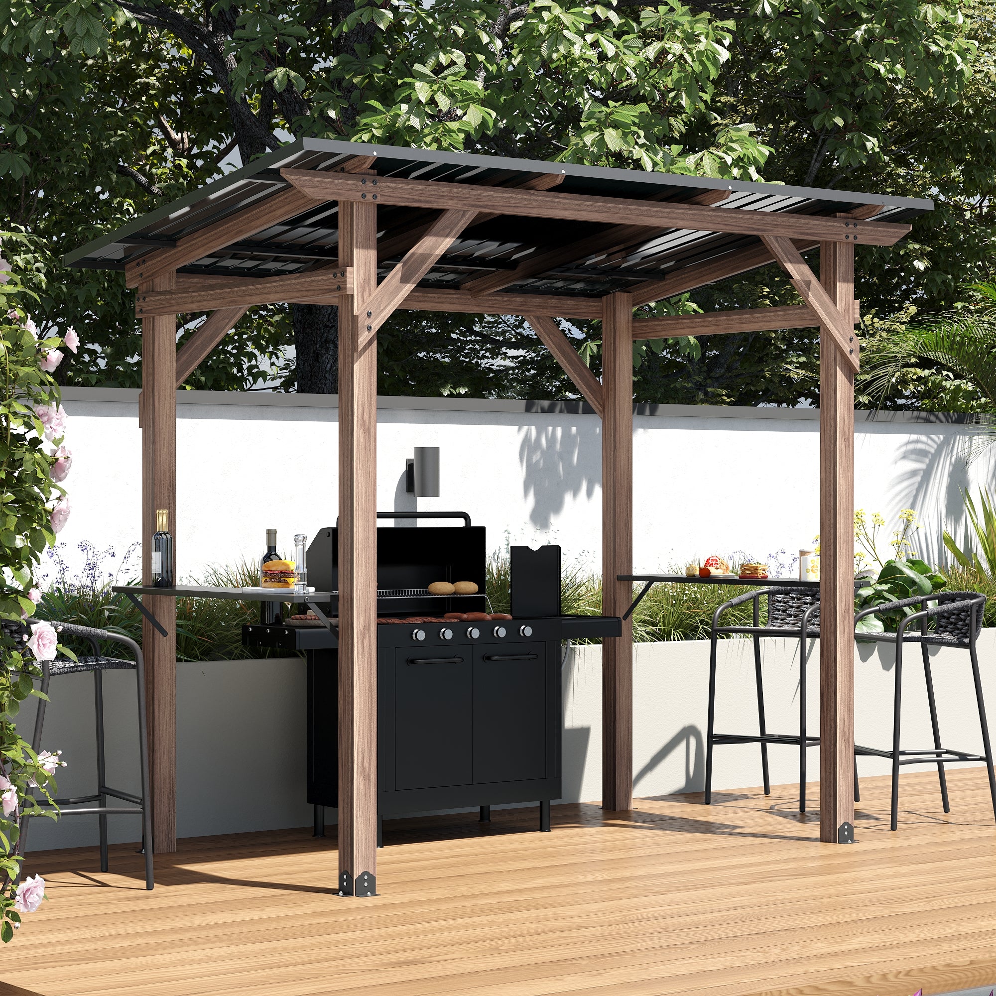 Cedar Wood Grill Gazebo Hardtop Roof With Side Tables For Patio BBQ Shelter