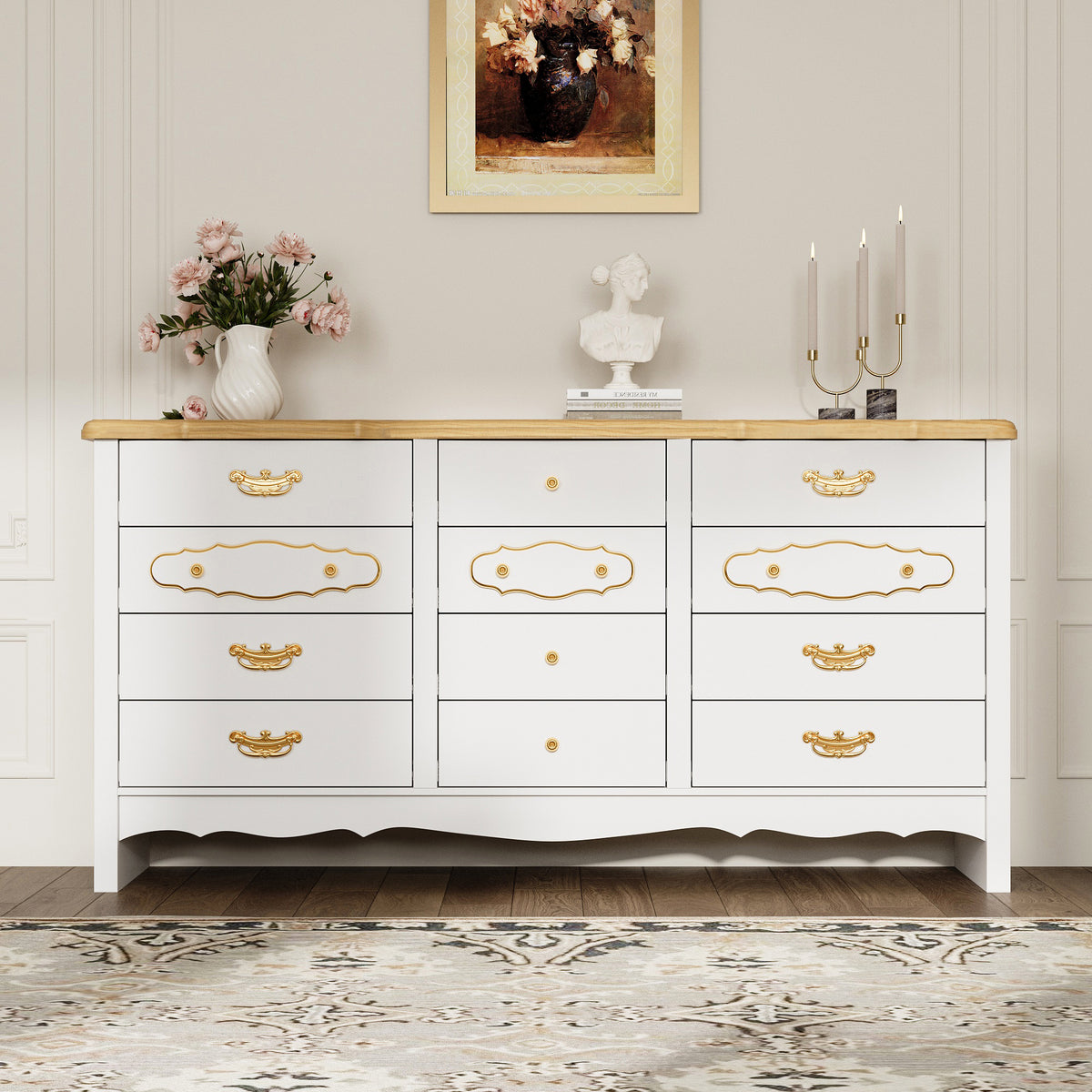 47.2" Elegant White 12-Drawer Accent Chest with Gold Handles