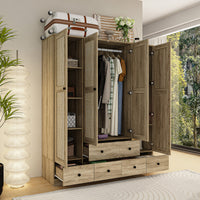 63" Rustic 4-Door Wardrobe Armoire with Rattan Paneling, 6 Drawers & 2 Hanging Rods