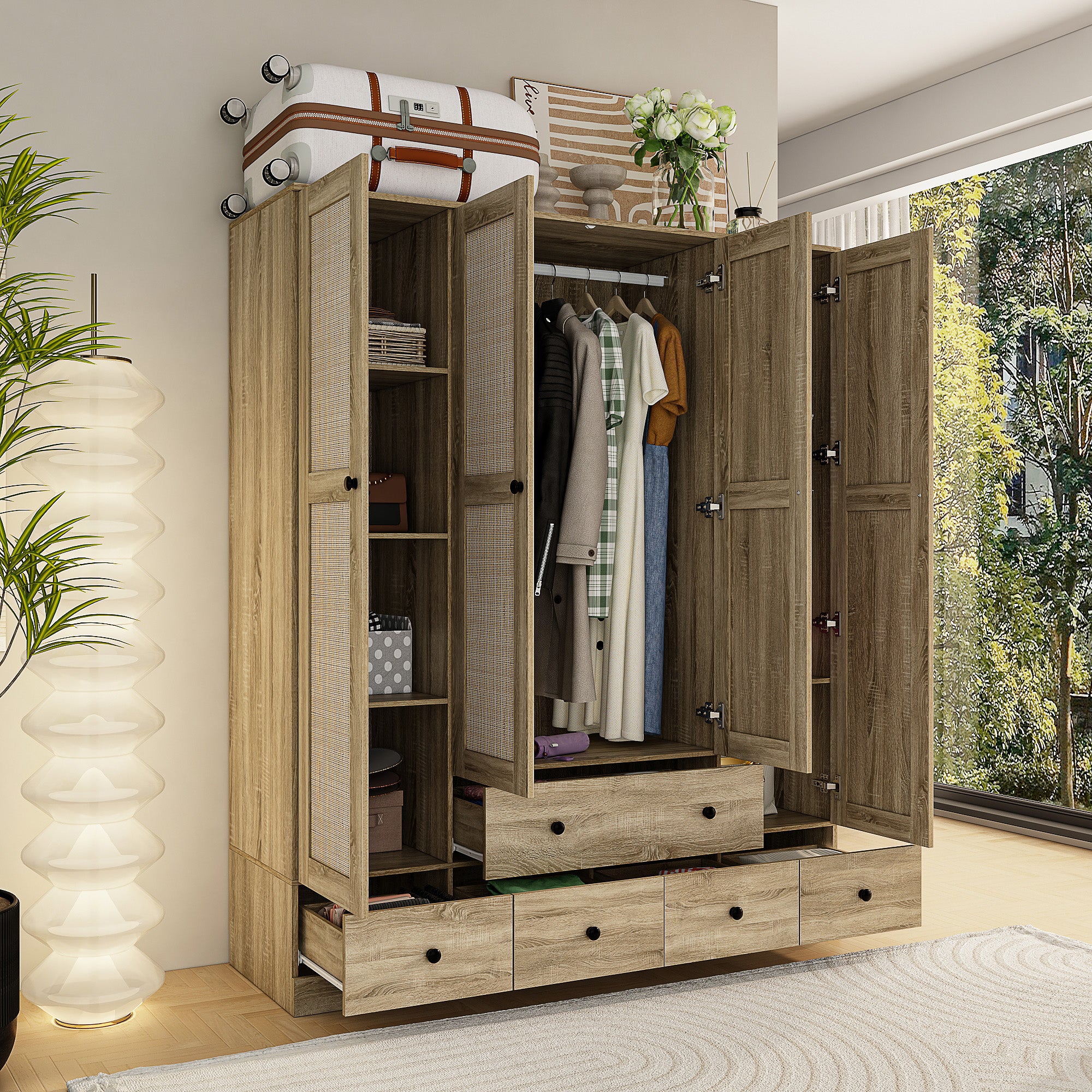 Rustic Four-Door Wardrobe With Rattan Paneling And Six-Drawer Storage