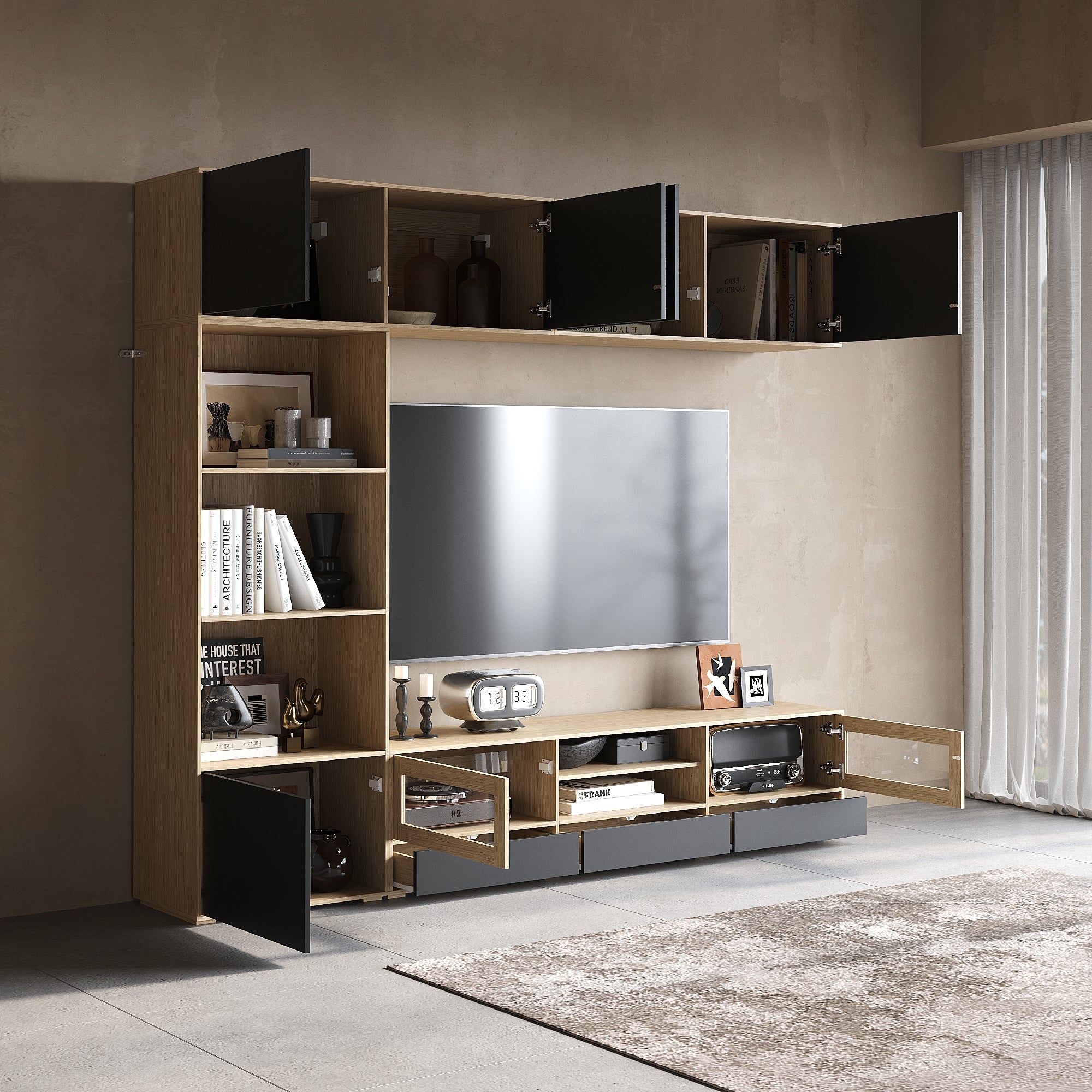 Modern 3-Piece Entertainment Center With Overhead Cabinets And 69" TV Stand, Natural Wood And Black Finish