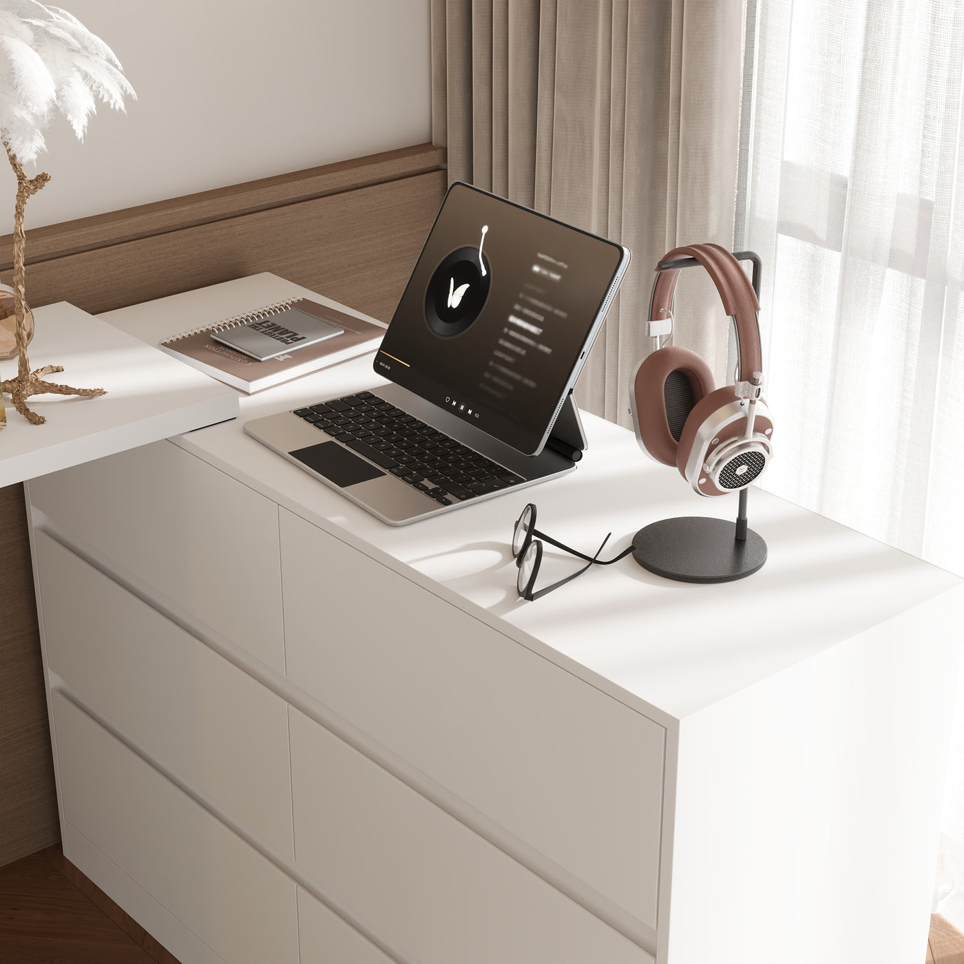 51.2" Modern Minimalist White/Black L-Shaped Rotatable Dresser Writing Table with 6 Drawers
