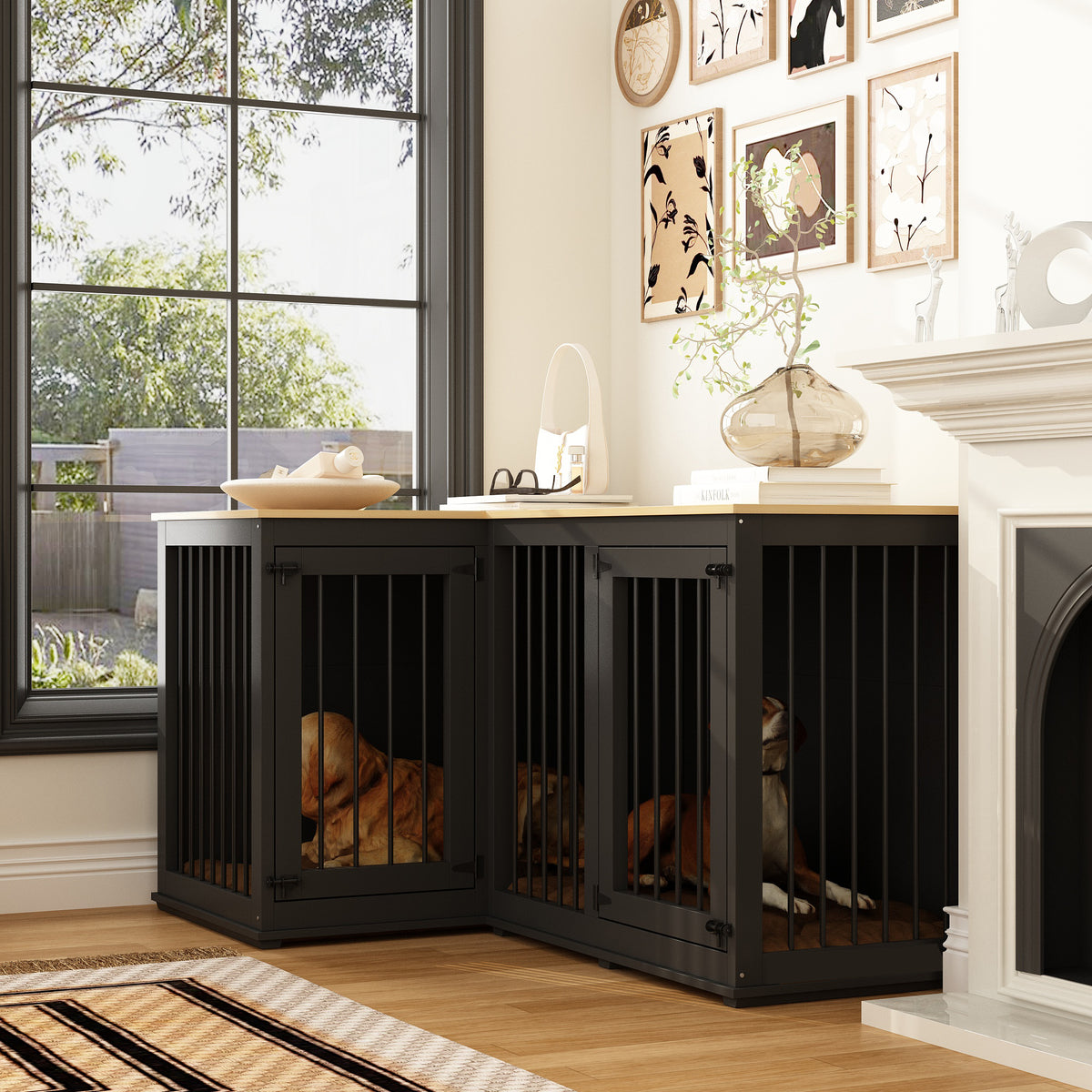 58.7 inch Rustic Black Corner Dog Crate with Steel Divider