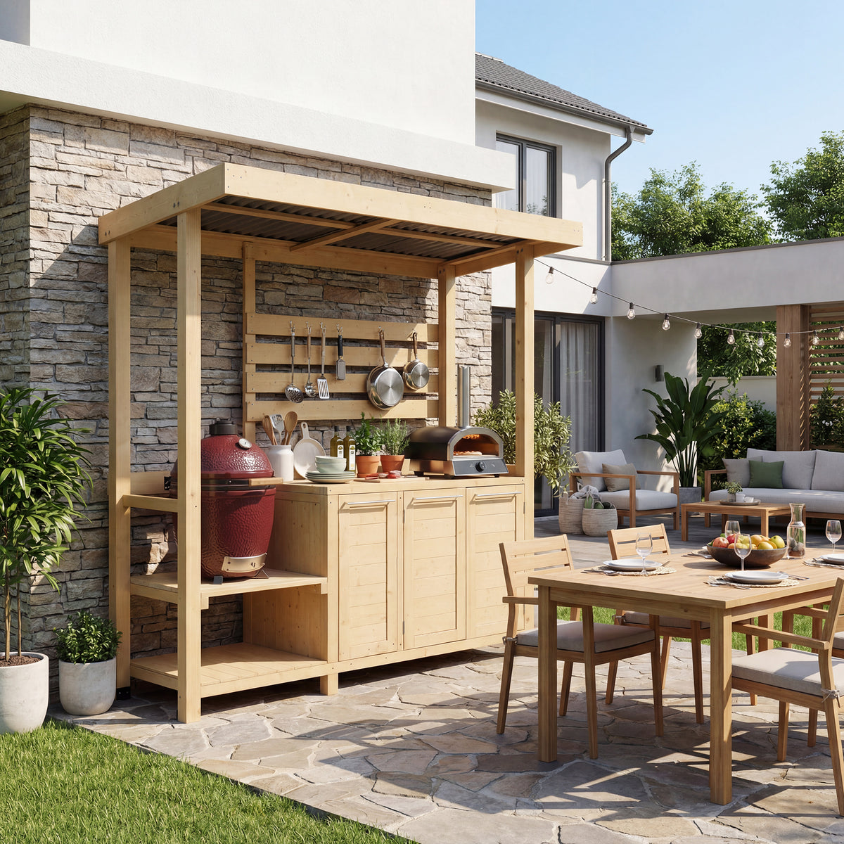 Outdoor kitchen area with wooden cabinets, grill, and dining table set on a patio.