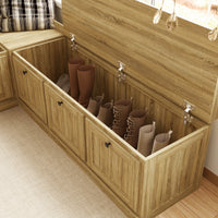 63" Modern Oak Corner Shoe Storage Bench with Flip-top Lid