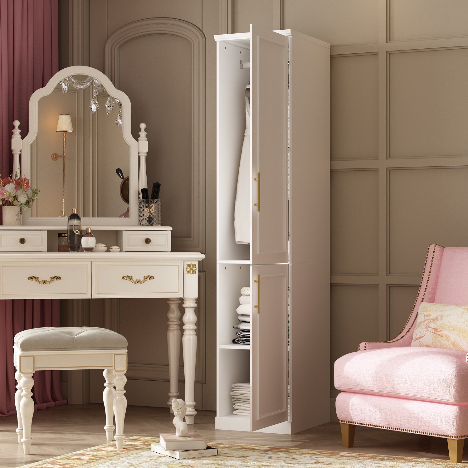 Compact Wardrobe With Dual Doors, Space-Saving Design With Golden Handles And Multiple Storage Sections