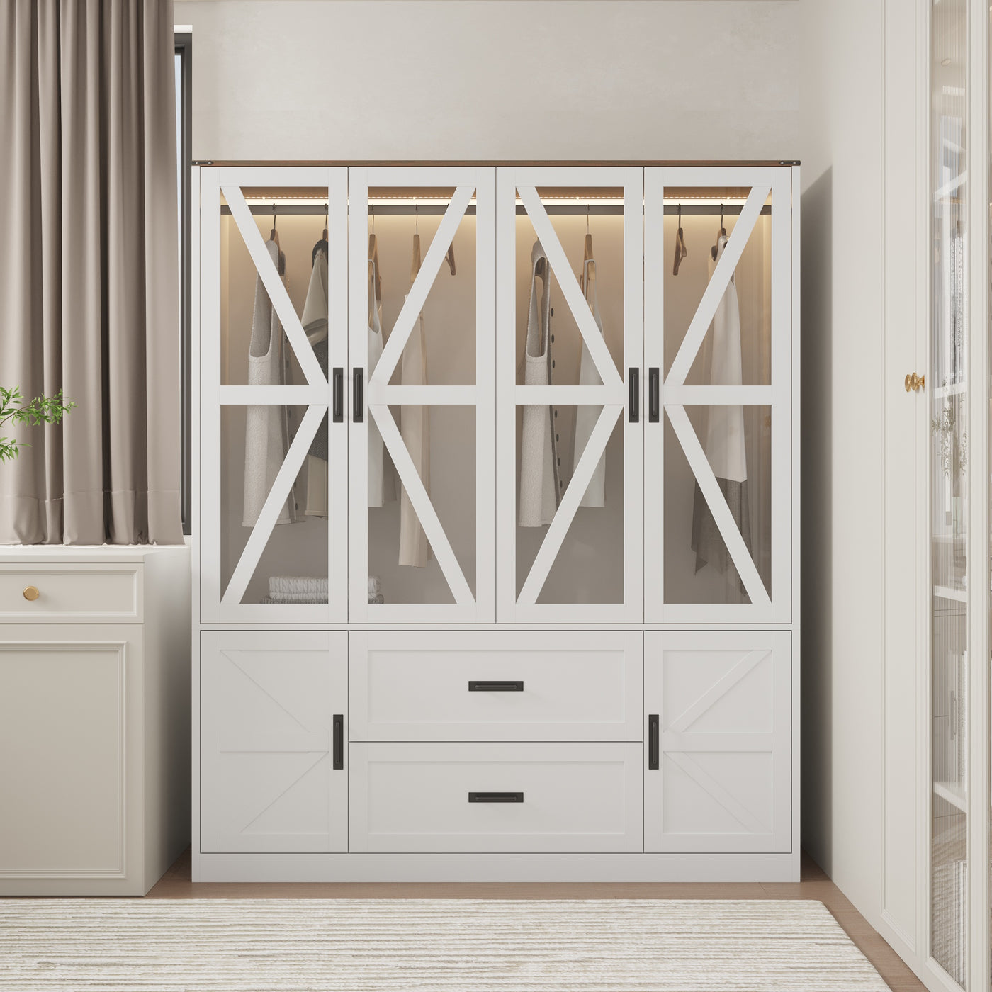 63" Modern Natural Wardrobe with 3-Color Lights and Glass Doors