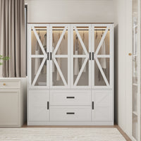 63" Modern Natural Wardrobe with 3-Color Lights and Glass Doors