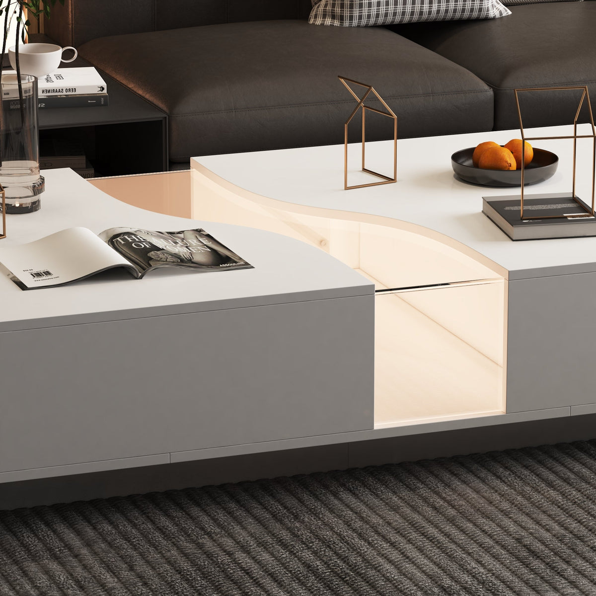 55.1" Modern White Coffee Table with Dual-Sided Drawers and Lighted Glass Center