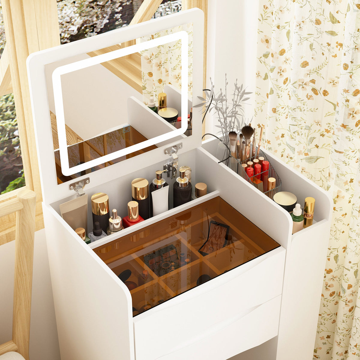 24.1" Modern White 3 Drawers Flip Top Makeup Vanity Table with Storage Stool