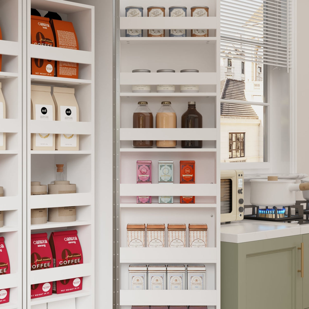 31.5" Modern White Kitchen Pantry with Rotating Food Storage Shelves, Adjustable Shelves, and Door-mounted Racks