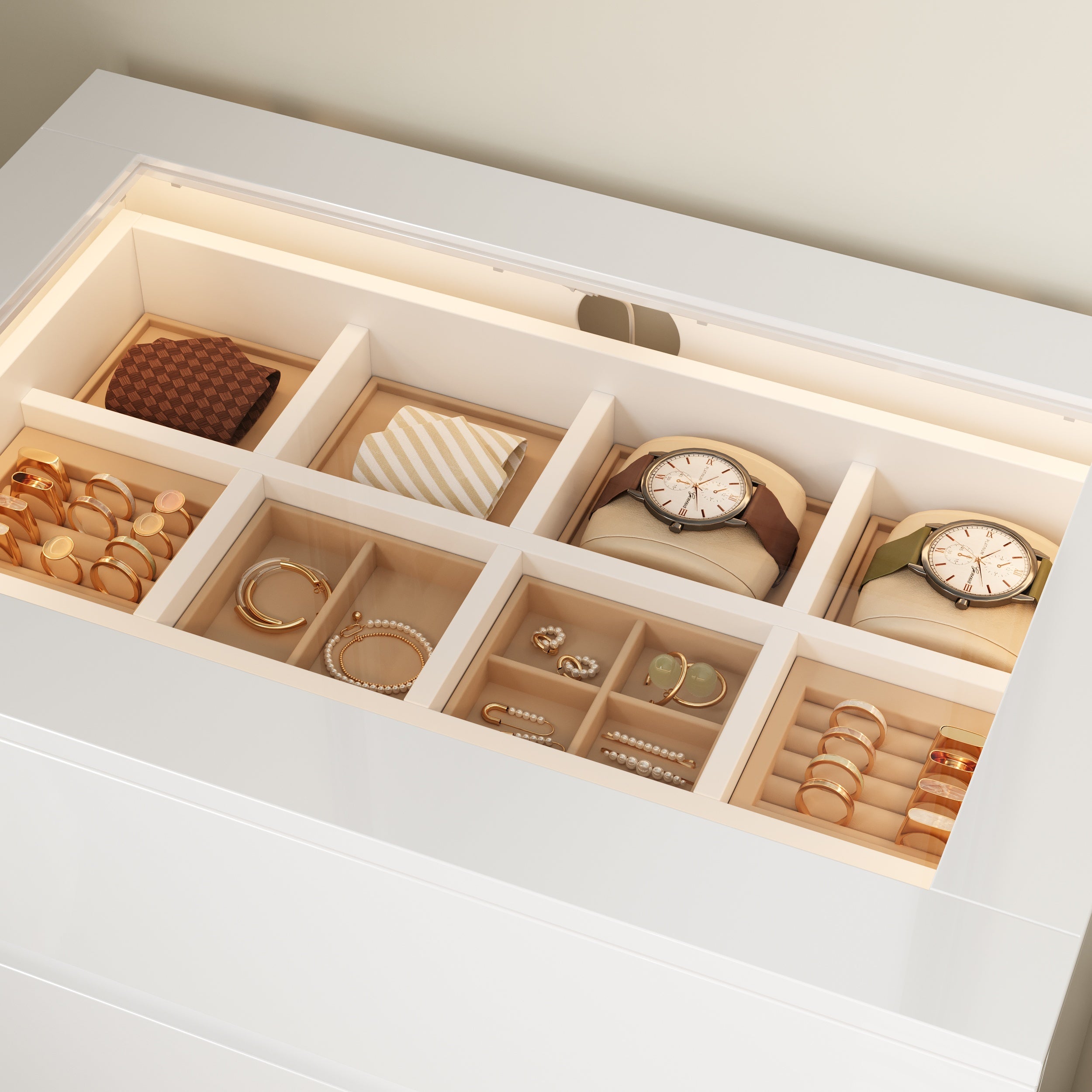 White dresser with jewelry organizer top and 4 drawers