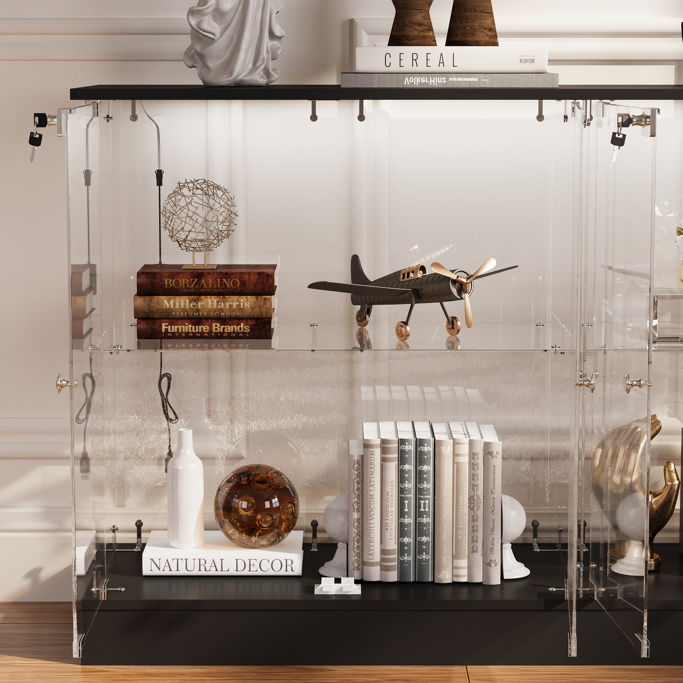 55.1" Modern Black Sideboard Display Case with LED Lighting & Full Glass Design